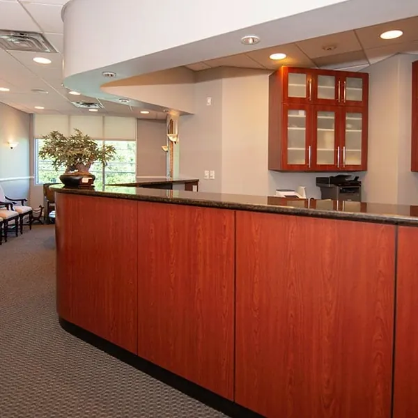 The reception desk and waiting area in Suite 201.